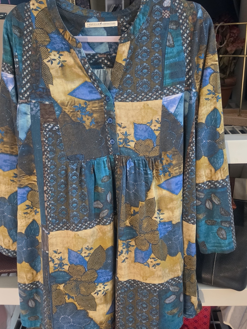 Peruvian Connection Floral Patchwork Tunic Dress in Teal & Mustard